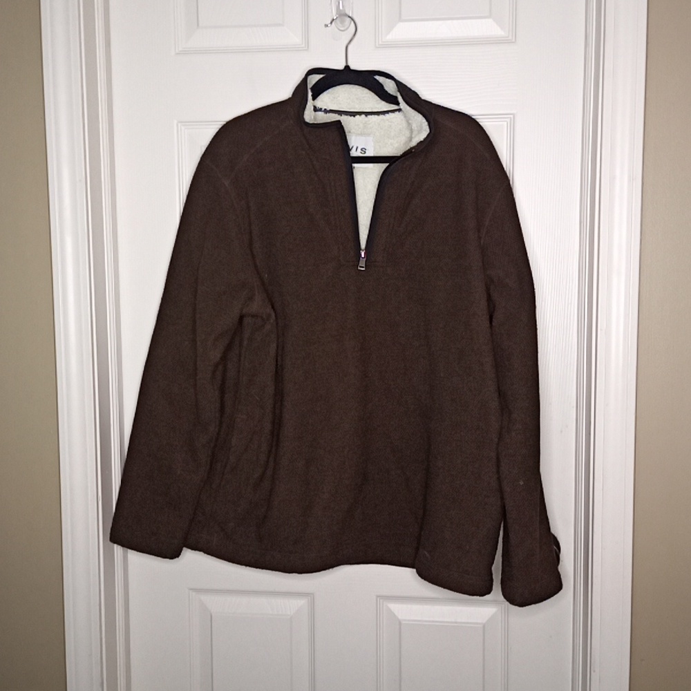 Orvis Men 1/4 Zip Sherpa Lined Chocolate Brown Sweater Jacket Pullover P…